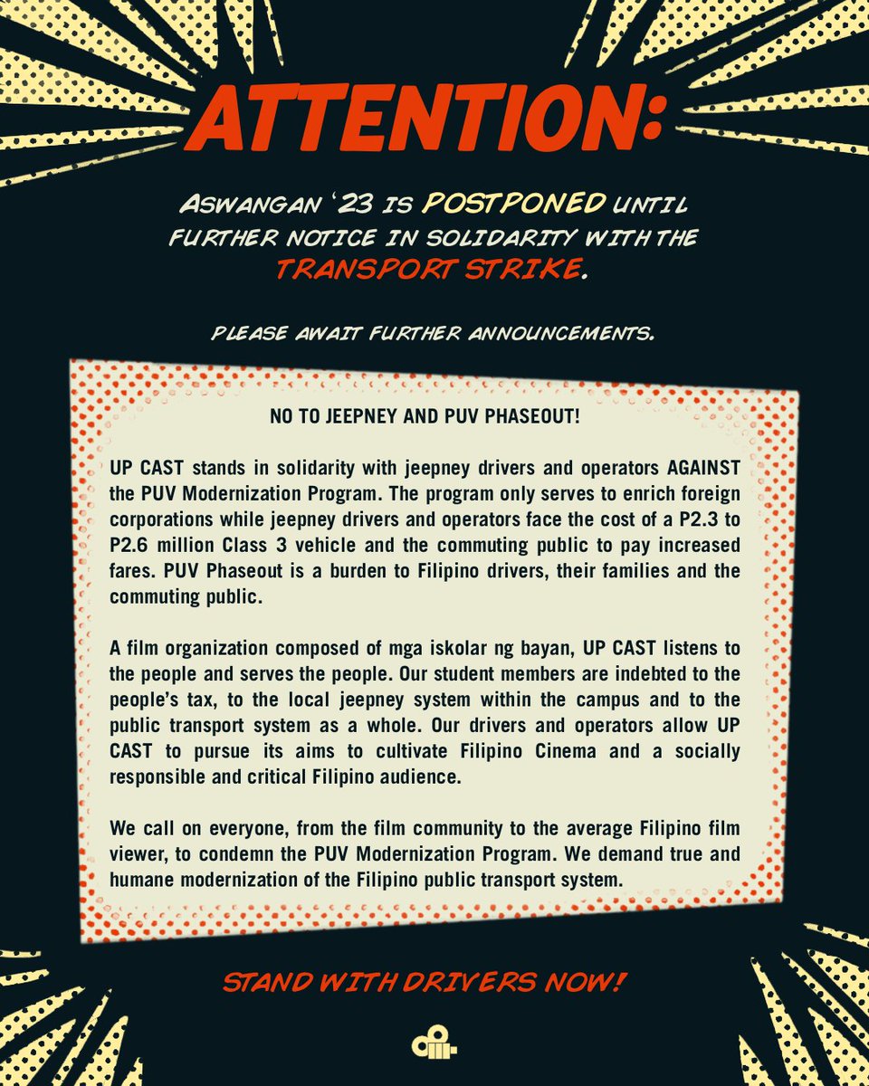 castpers's tweet photo. The UP Cinema Arts Society has postponed Aswangan '23 in order to stand in solidarity with our drivers and support their calls for true humane reform.
#NoToJeepneyPhaseout
#NoToPUVPhaseout
#StandWithOurDrivers
(1/6) https://t.co/HlL4DkiFJt