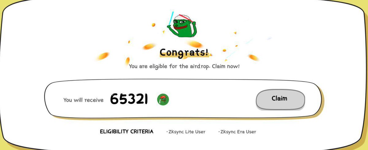 @zkpepereal the $PEPE of zkSync, bringing meme magic to the zk ecosystem. Connect your wallet and check if you’re eligible for airdrops : zksyncpepe.com/airdrop They are giving away 250k $ZKPEPE 🤑 To enter : 1️⃣Follow @zkpepereal 2️⃣Join telegram : t.me/enterzkpepe
