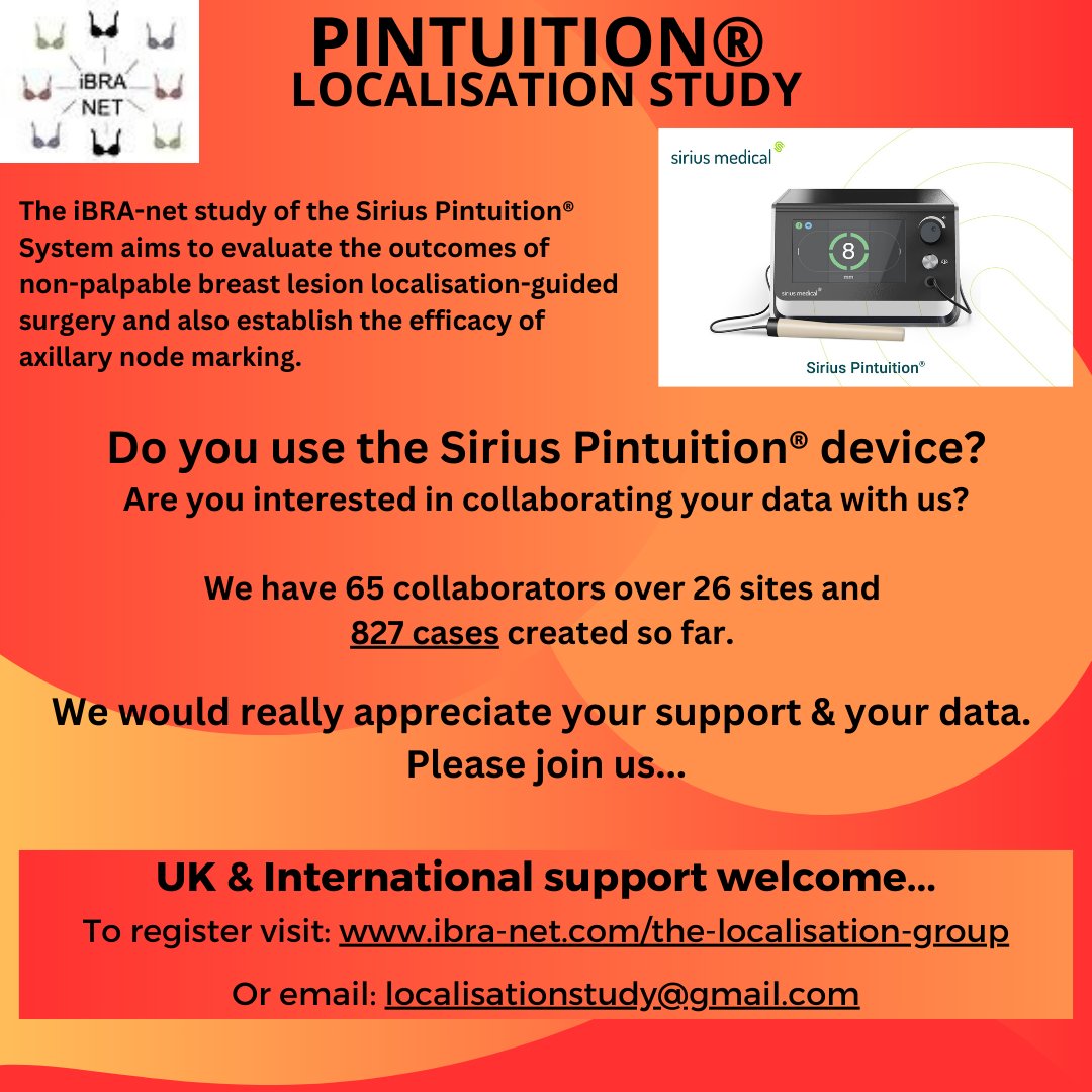 Do you use the SIRIUS PINTUITION localisation device? We would love you to be a part of our #research - Shared learning, #collaboration of data UK & Internationally, monthly updates, webinars etc. 📧 localisationstudy@gmail.com to register #breastcancer #breastsurgery