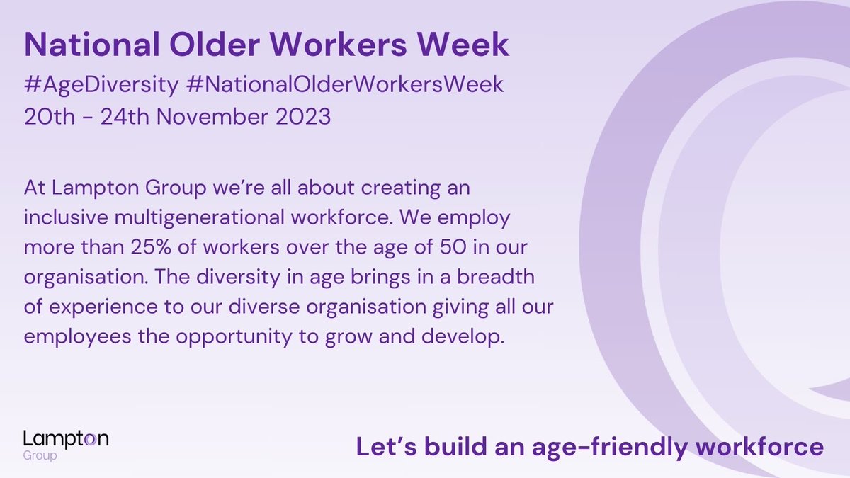 We're supporting #NationalOlderWorkersWeek !

At Lampton Group we're an age inclusive workforce that recognises the importance of having a multigenerational organisation.

If you're over 50 and would like to work for us visit:
careers.lamptongroup.co.uk

#AgeDiversity #OlderWorkers