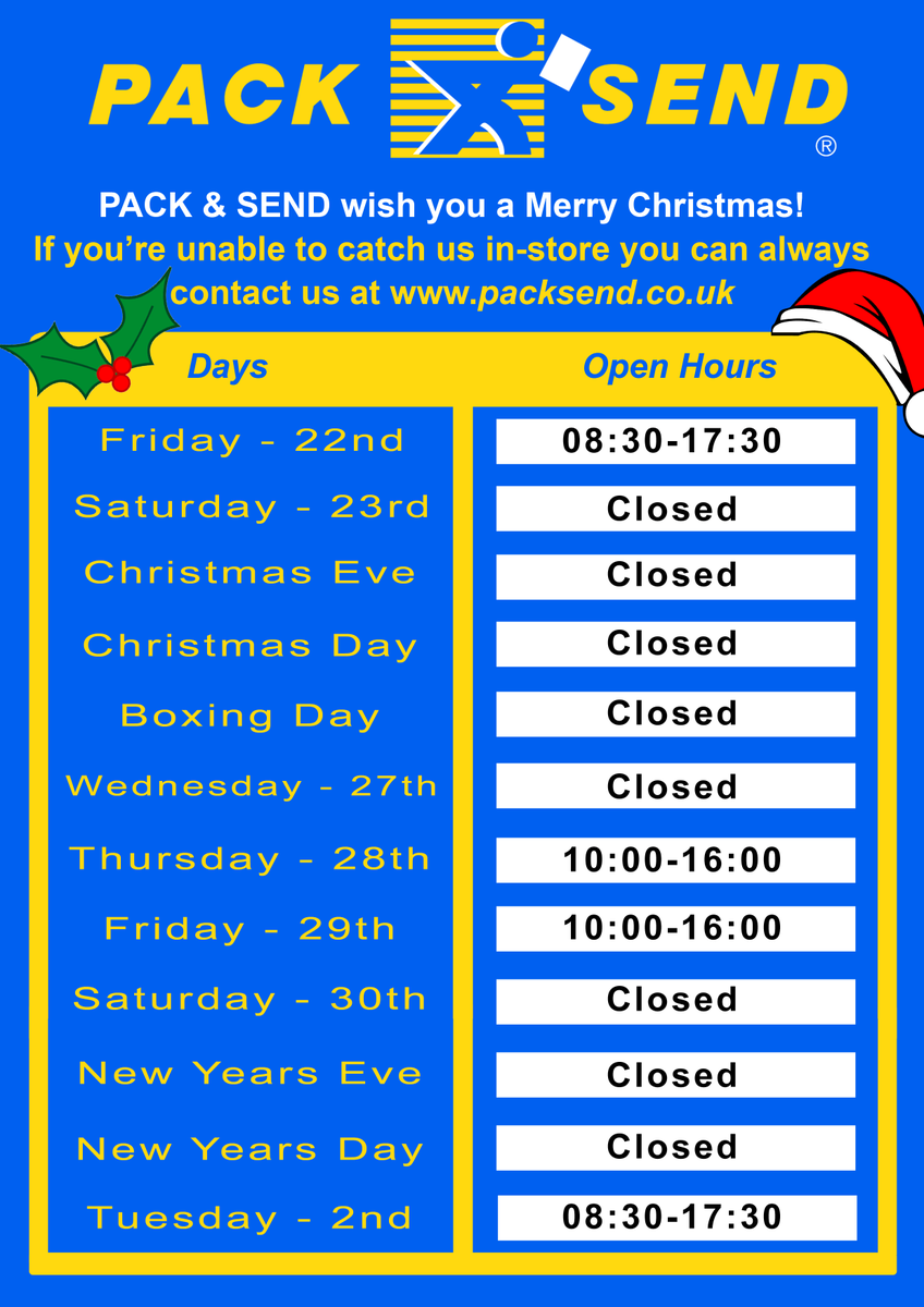 PackSendLeeds's tweet photo. 🎄 **Holiday Hours 🎁**

Dear valued customers, as the festive season approaches, here are our Christmas opening times:
Your understanding is appreciated. Wishing you a joyful holiday season!
Happy Holidays from PACK &amp; SEND! 🎉🎄 #ChristmasHours #HappyHolidays https://t.co/205wP1U1Id