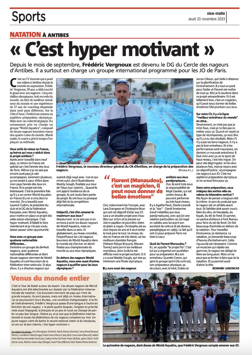CNAntibes's tweet image. Quand @Nice_Matin parle de l'arrivée de @FredVergnoux au #cnantibes, cela donne quoi ?
Un trés bel article à lire, partager, publier et republier...

Le premier Centre International @WorldAquatics ouvre ses portes chez nous à Antibes.

Merci à #romainlaronche, Journaliste de NM