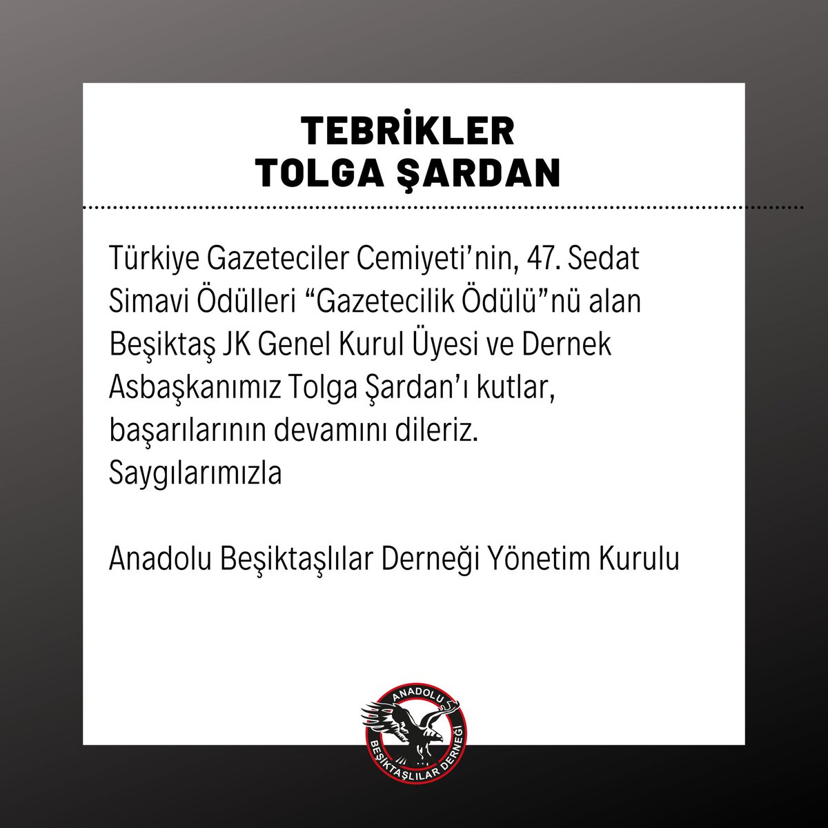 Türkiye Gazeteciler Cemiyeti (TGC) Kurucu Başkanı adına 47 yıldır düzenlenen Sedat Simavi Ödülleri’ne bu yıl değer görülen gazeteci, edebiyat, spor ve bilim insanları belli oldu. Türkiye Gazeteciler Cemiyeti’nin, 47. Sedat Simavi Ödülleri “Gazetecilik Ödülü”nü alan Beşiktaş JK