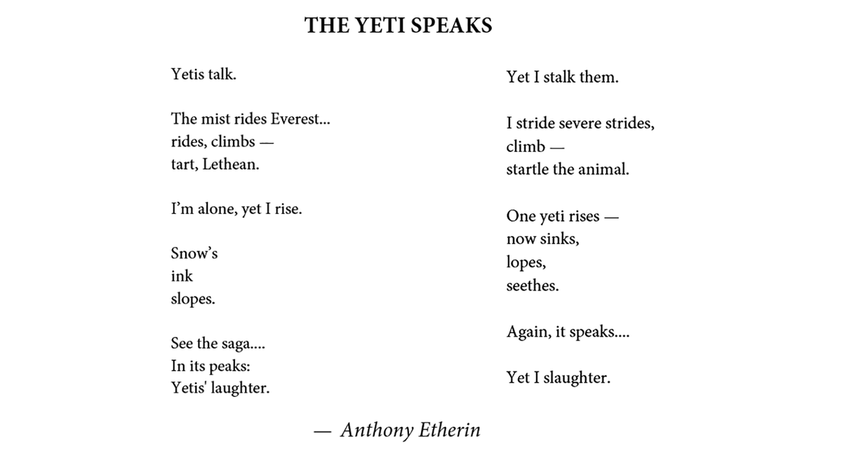 THE YETI SPEAKS (whose two halves use the same letters, in the same order):