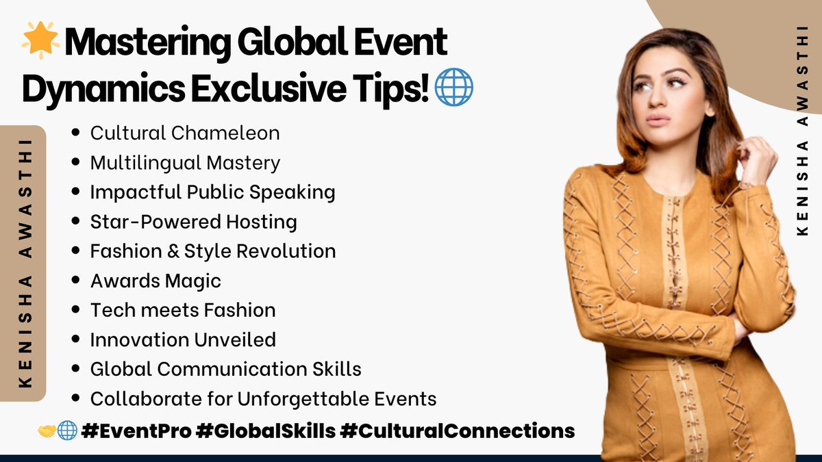 Embark on a global journey with me, Kenisha Awasthi! 🌐✨ Learn the art of bridging cultural divides, delivering impactful talks on TEDx & Josh Talks, hosting star-studded events, and influencing fashion trends. Ready to elevate your events? 🤝🌟 #EventPro #GlobalInfluence