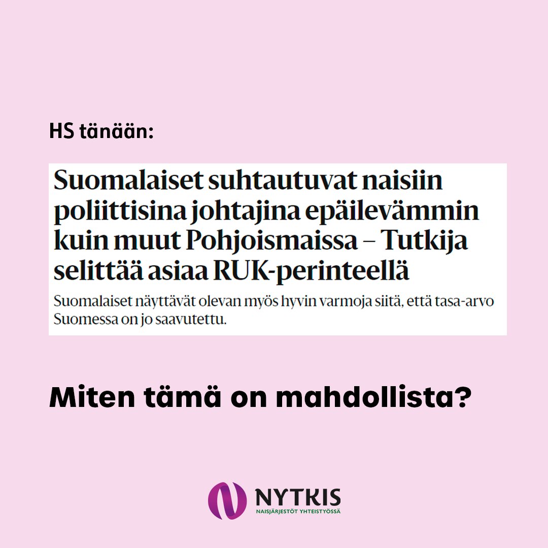 Vain 39 % piti erittäin mieluisana, että poliittisena johtajana toimisi nainen. 

SAMAAN AIKAAN 78 % suomalaisista on sitä mieltä, että tasa-arvo on saavutettu. 81 % oli myös sitä mieltä, että tasa-arvo on saavutettu politiikassa.

Mikä ei nyt oikein täsmää? 🧐#nytkis