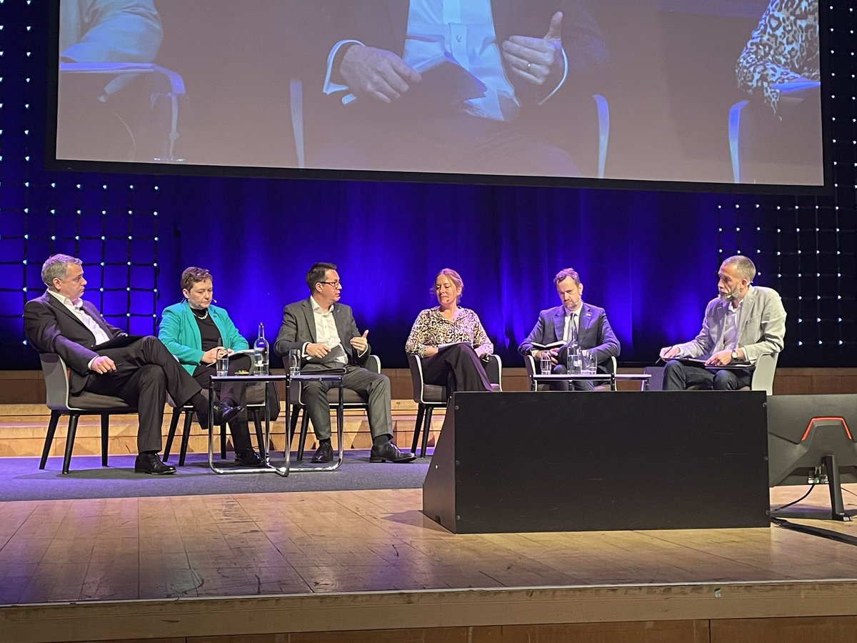 Reaching consensus between #industry, #academia and #government in plenary 3 at #UKSC2023 - the UK needs a balanced portfolio with a long-term view that gives certainty to invest, mechanisms to foster novel research &amp; innovation - and simpler routes through the funding landscape