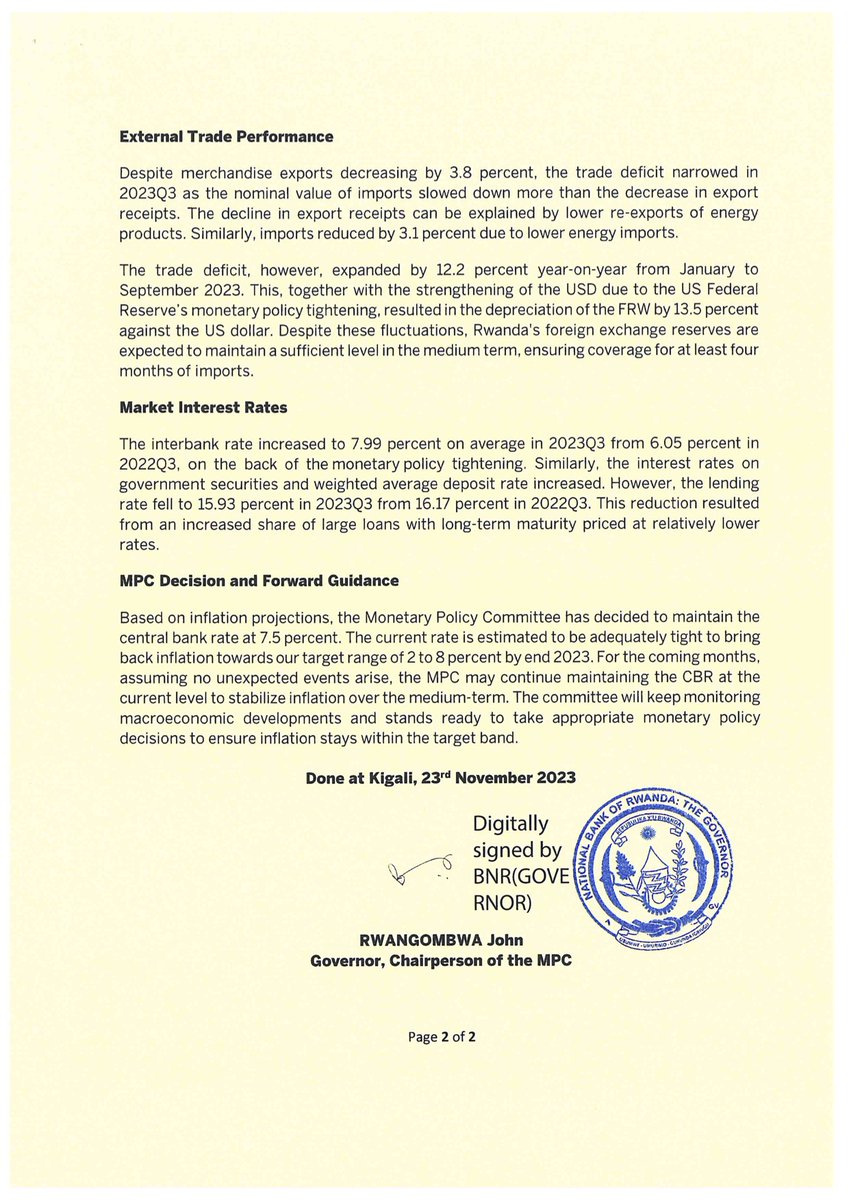 CentralBankRw's tweet image. PRESS RELEASE

The Monetary Policy Committee (MPC) of the National Bank of #Rwanda has decided to maintain the Central Bank Rate (CBR) at 7.5%, based on considerations of the inflation outlook and current economic conditions

Read here: bit.ly/MPCFSCNov2023

#MPC2023
#FSC2023