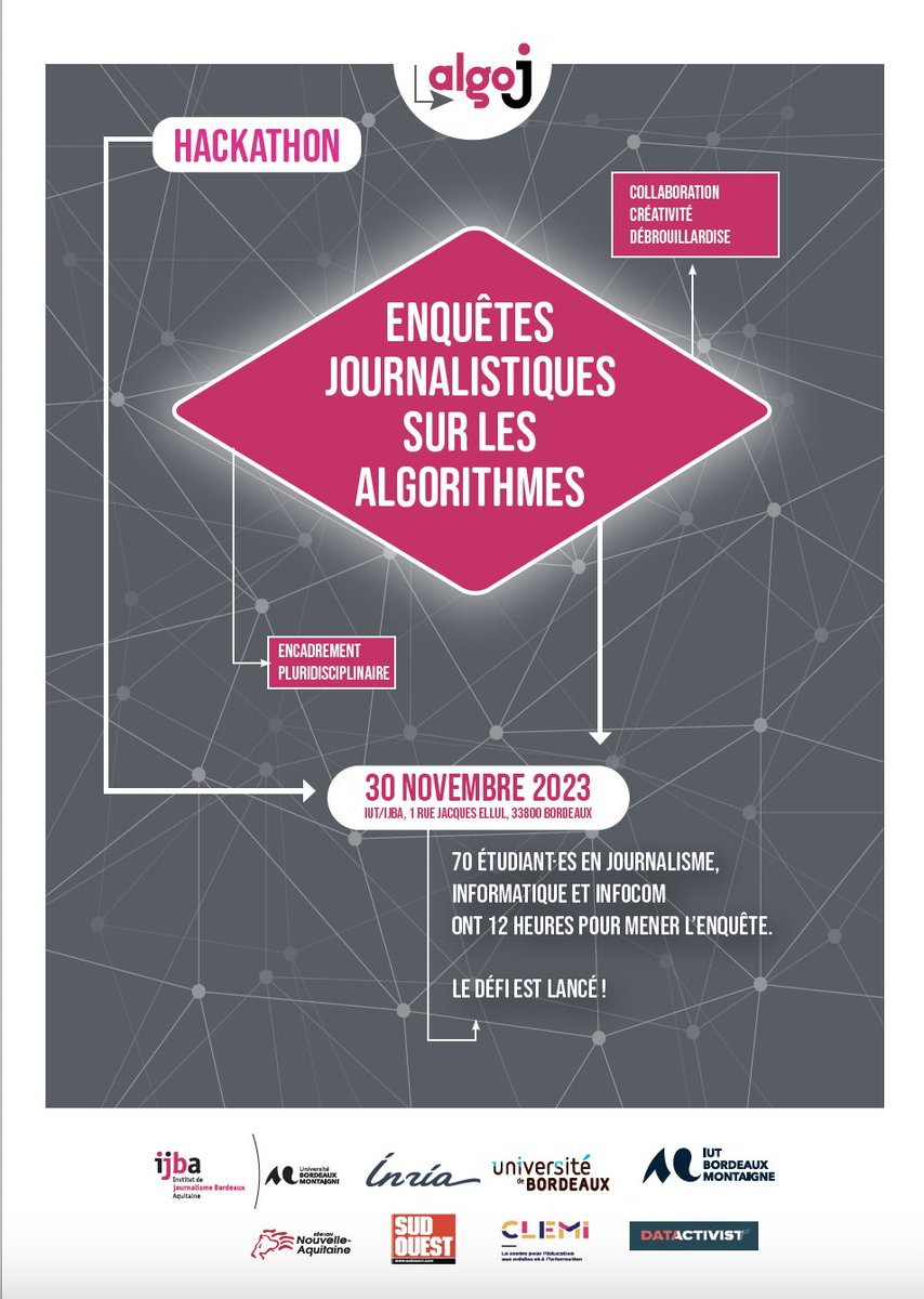 Rendez-vous ce 30 novembre pour le premier #hackathon dédié à l'enquête journalistique sur les algorithmes. 70 étudiant.e.s en journalisme, InfoCom et informatique de <a href="/IjbaOfficiel/">IJBA</a>, <a href="/IutMontaigne/">IUT Bordeaux Montaigne</a> et <a href="/univbordeaux/">Université de Bordeaux</a> collaboreront pour relever le défi. 🧶