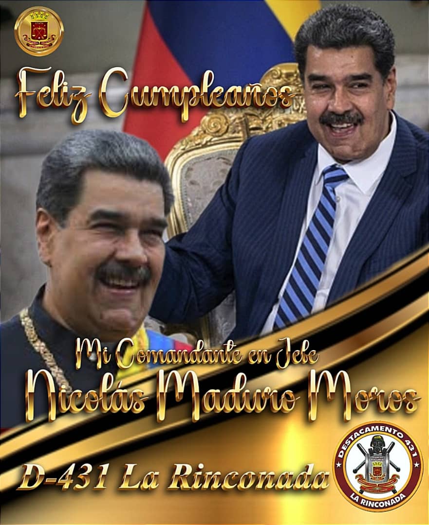 #23Nov Feliz Cumpleaños Mi Comandante en Jefe <a href="/NicolasMaduro/">Nicolás Maduro</a> hombre leal a la Patria. Con usted seguimos Venciendo..!
<a href="/CMDTE_CZGNB43_/">G/B COMANDANTE CZGNB43</a> <a href="/GnbGaranteDePaz/">GNB Garantía de Paz!!!</a>