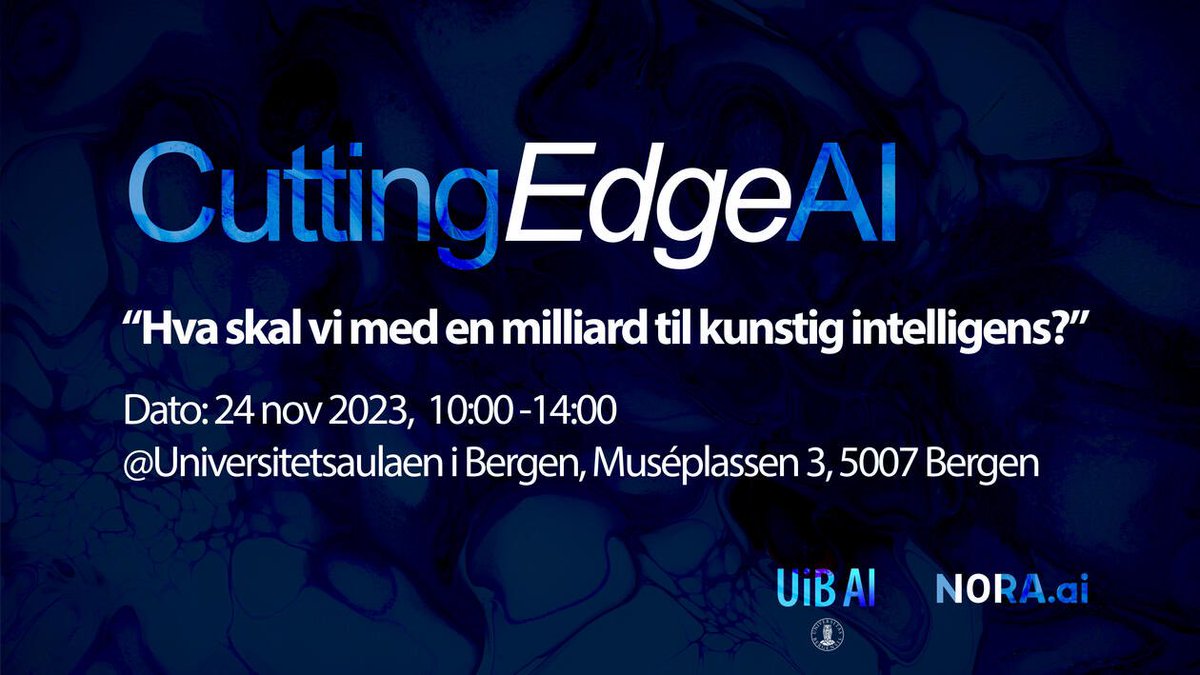 En unik mulighet i morgen kl 10 i Universitetsaulaen i Bergen til å lære om og påvirke regjeringens arbeid med digitaliseringsstrategien og Forskningsrådets arbeid med AI-milliarden! uib.no/ai/165579/hva-… @UiB @NORAdotAI @km_dep @forskningsradet @SchibstedGroup @UniStavanger