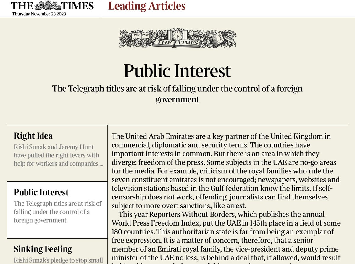 The Times is anxious about UAE money involved in a bid for the Telegraph group (without declaring an interest: Rupert wants the Spectator.) Fine, but let’s look at American/Australian ownership of the press. Or Saudi/Russian dosh & influence. And non-Doms, too