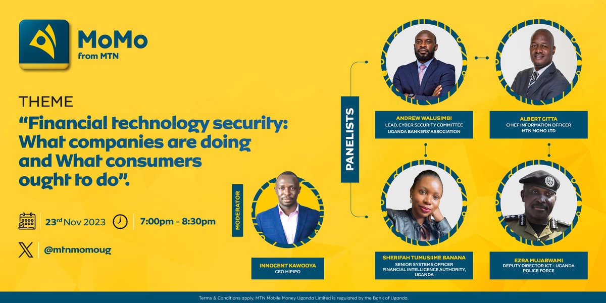 Tonight at 7:00pm, @mtnmomoug presents a special X Spaces session on 'Financial Technology Security: What Companies Are Doing and Consumers Ought to Do.' Join the insightful discussion moderated by @HiPipo CEO, @KawooyaInnocent. Don't miss out! | #MTNMoMo #FinTech #Cybersecurity