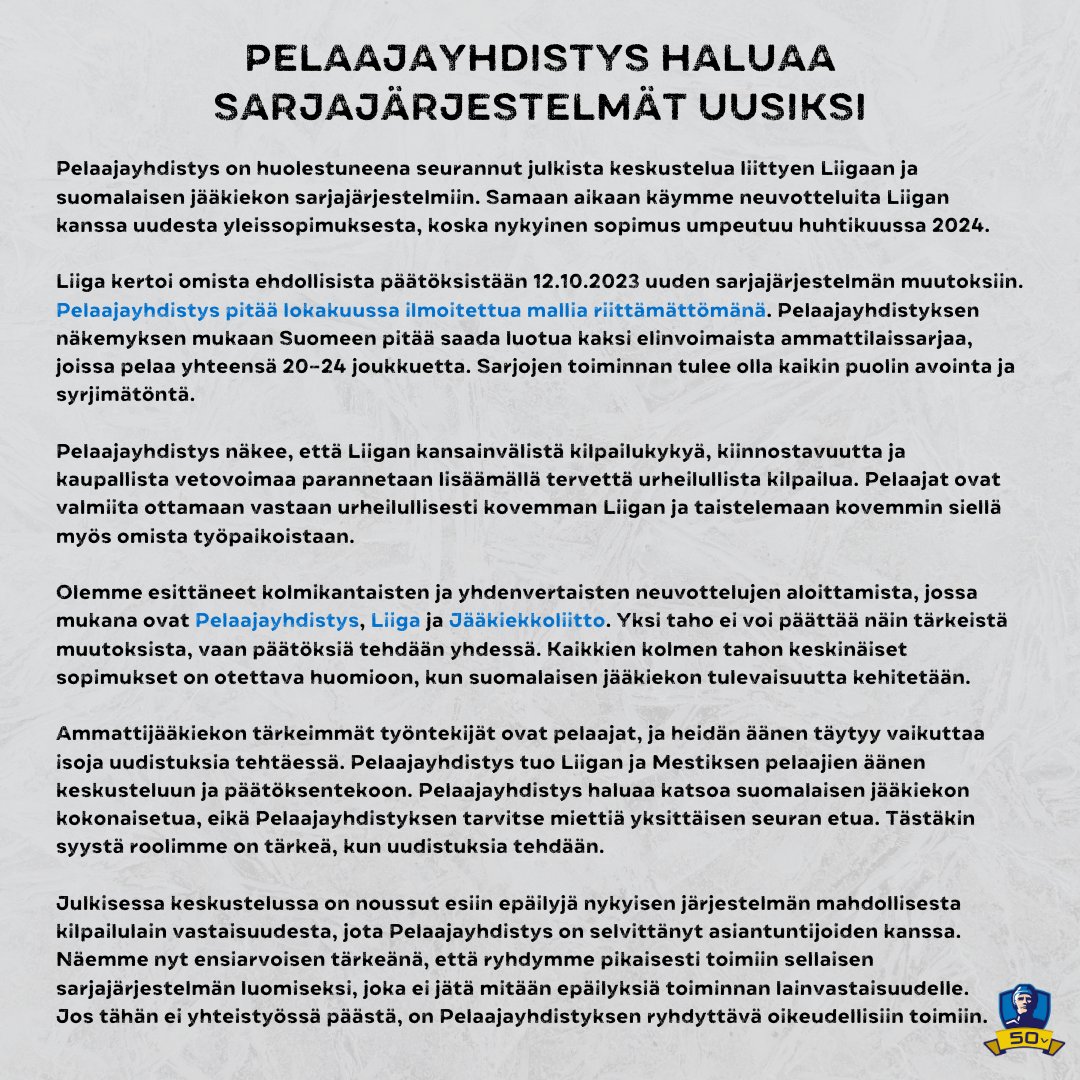SJRYfi's tweet photo. Pelaajayhdistyksen kannanotto Liigan sarjajärjestelmiin liittyen. 👇

Pelaajayhdistys pitää Liigan lokakuussa ilmoittamaa sarjamallia riittämättömänä ja haluamme Suomeen kaksi elinvoimaista ammattilaissarjaa, joissa pelaa yhteensä 20–24 joukkuetta.

#SJRY #Liiga #Mestis #Leijonat https://t.co/WbM6ZMrOX8