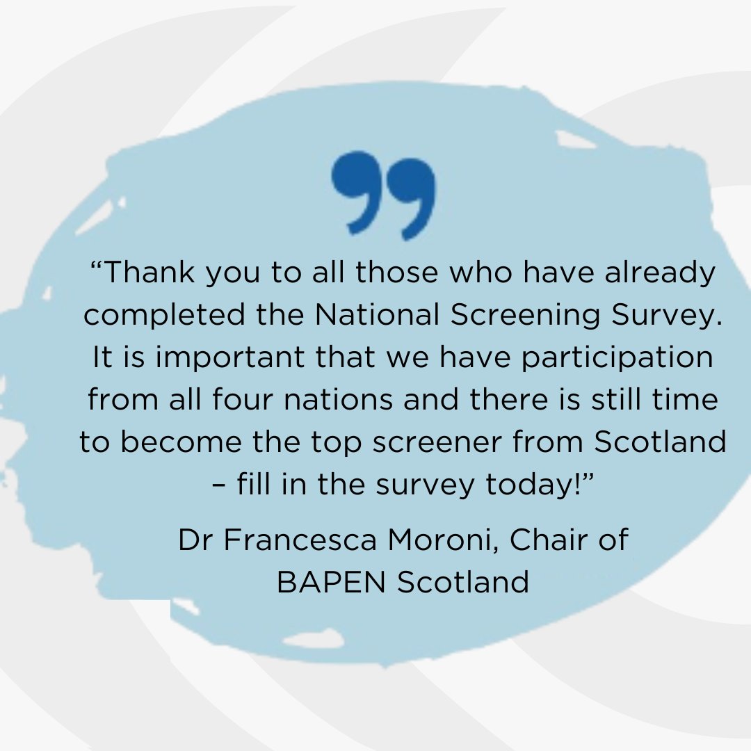 The National Screening Survey is still open! @drfrancimoroni, Chair of BAPEN Scotland, reiterates that we need your help to assess the prevalence of malnutrition throughout the UK. As part of this, we need representation from all four nations ➡️ bit.ly/ScreeningSurve…