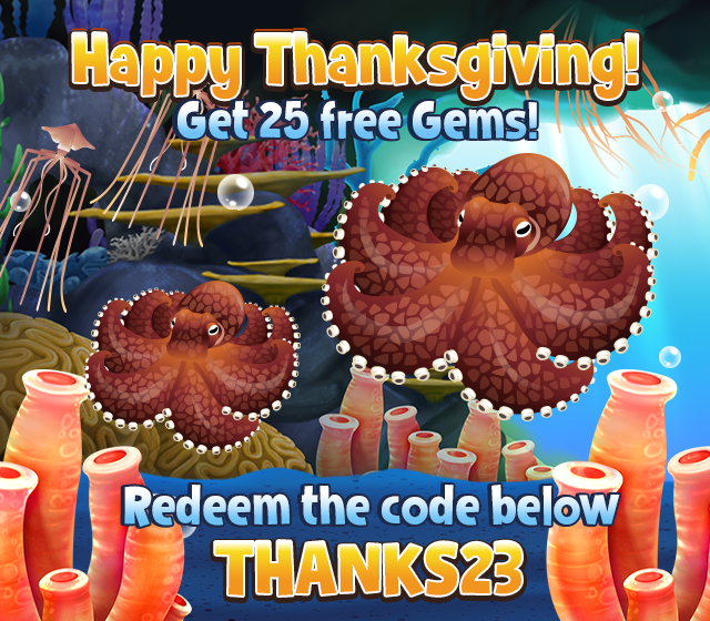 FishParadiseApp's tweet photo. 🦃🦃 Happy Thanksgiving! To celebrate we're giving everyone a gift of 25 gems. Redeem the code in game by going to the Fan page section. 🦃🦃 https://t.co/tiBBLh5jAs