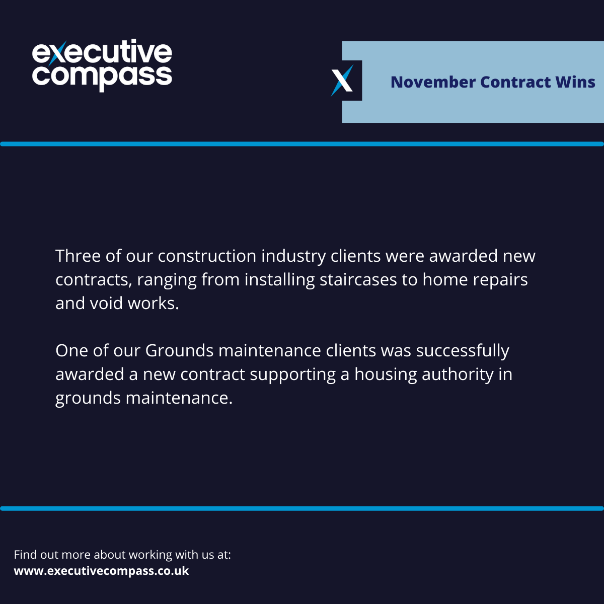 ExecCompass's tweet photo. The team has had a busy month with some great contract wins for our clients.
Swipe to see some of November's #successes. π Congratulations to everyone on their hard work!
#Procurement #BidWriting #BidWriter #TenderWriting https://t.co/wxOB5MjiXb