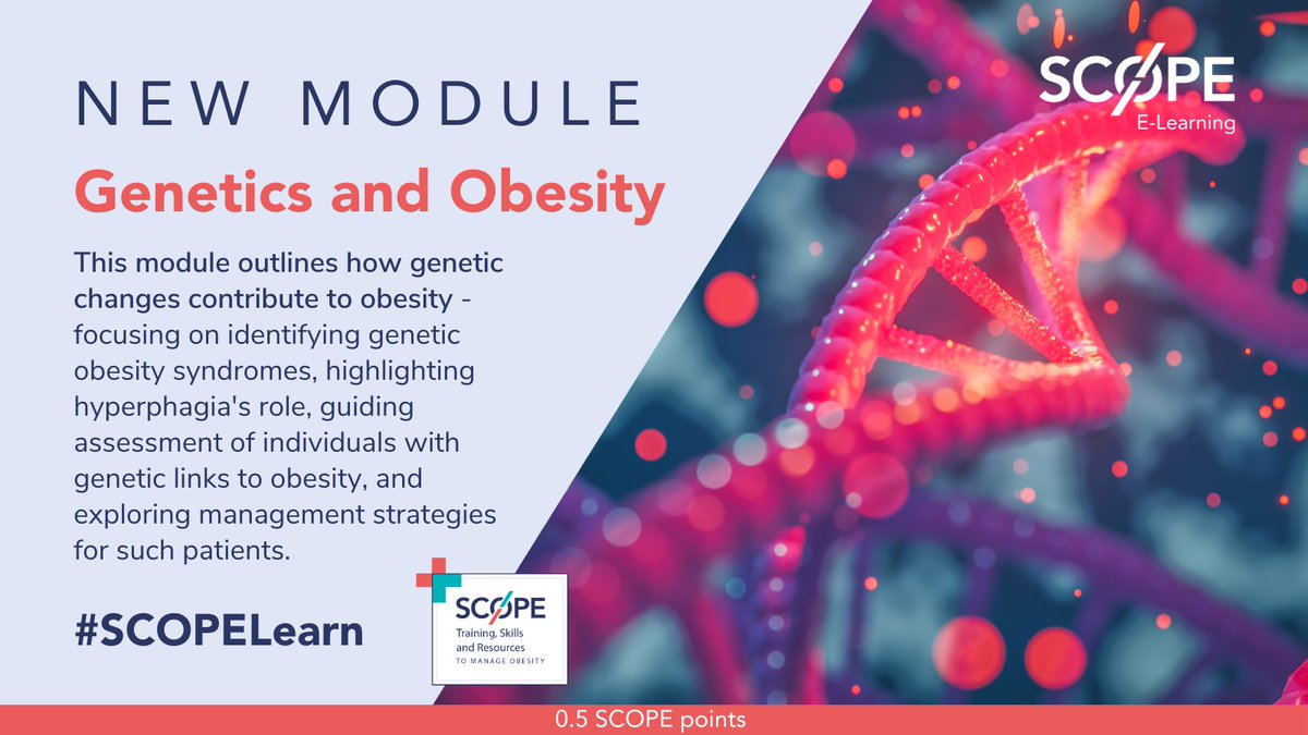 SCOPEObesity's tweet photo. 'Genetics and Obesity', our newest SCOPE E-Leaning module, provides a comprehensive overview of how genetic changes contribute to obesity. 🧬

This module is free to access and is available in English, French, Spanish and Portuguese.

➡️ Learn more: https://t.co/XmxG1SGfyN https://t.co/5uGMaIHtZp