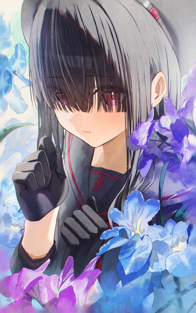 justice task force member (blue archive) 1girl solo gloves flower school uniform black gloves hair over eyes  illustration images