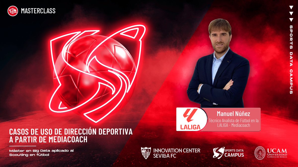 SportsDataCamp's tweet photo. 💪🏻 Hoy tenemos una Masterclass 🔝 
🔎 Casos de uso de dirección deportiva a partir de Mediacoach
👨🏻‍🎓 Con @ManuelNunezC | Técnico Analista de Fútbol en la LALIGA - Mediacoach
📚 Exclusiva para el Máster en Big Data Aplicado al Scouting en Fútbol @SevillaFC
✅https://t.co/RWNuKEK6vM https://t.co/zQm7Zum720