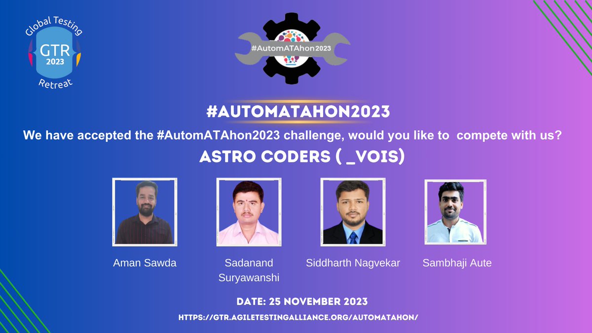 TestingRetreat's tweet photo. #AutomATAhon2023: Hackathon for testers

Team  Astro Coders ( _VOIS) is participating in #AutomATAhon2023 

Compete with team Astro Coders

Discover more at: https://t.co/a4SE3CDcdn

🏆 #Hackathon4Testers #AutomationChallenge #TeamEvent #GlobalConferenc https://t.co/0XcbyrZIBU