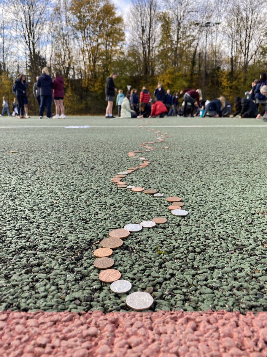 SHSKSchool's tweet photo. The legendary #StKatesDay 2p race is underway - this year we lay the coins in the pattern of an eye in support of @ChildrenHandS. Who will get the longest line? https://t.co/RZH6XVGhRb