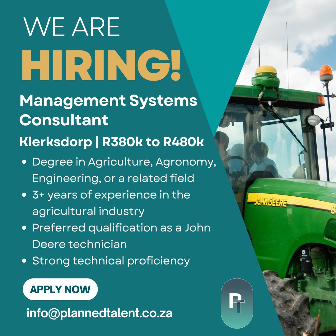 PlannedTalent's tweet photo. Are you fueled by a passion for agricultural mechanisation and cutting-edge technology? We have an exciting opportunity for a Management Systems Consultant in Klerksdorp | R380 000 to R480 000 CTC
Apply here -> https://t.co/OLzgGfBWXI
#WeAreHiring https://t.co/sEGdmBuX7h