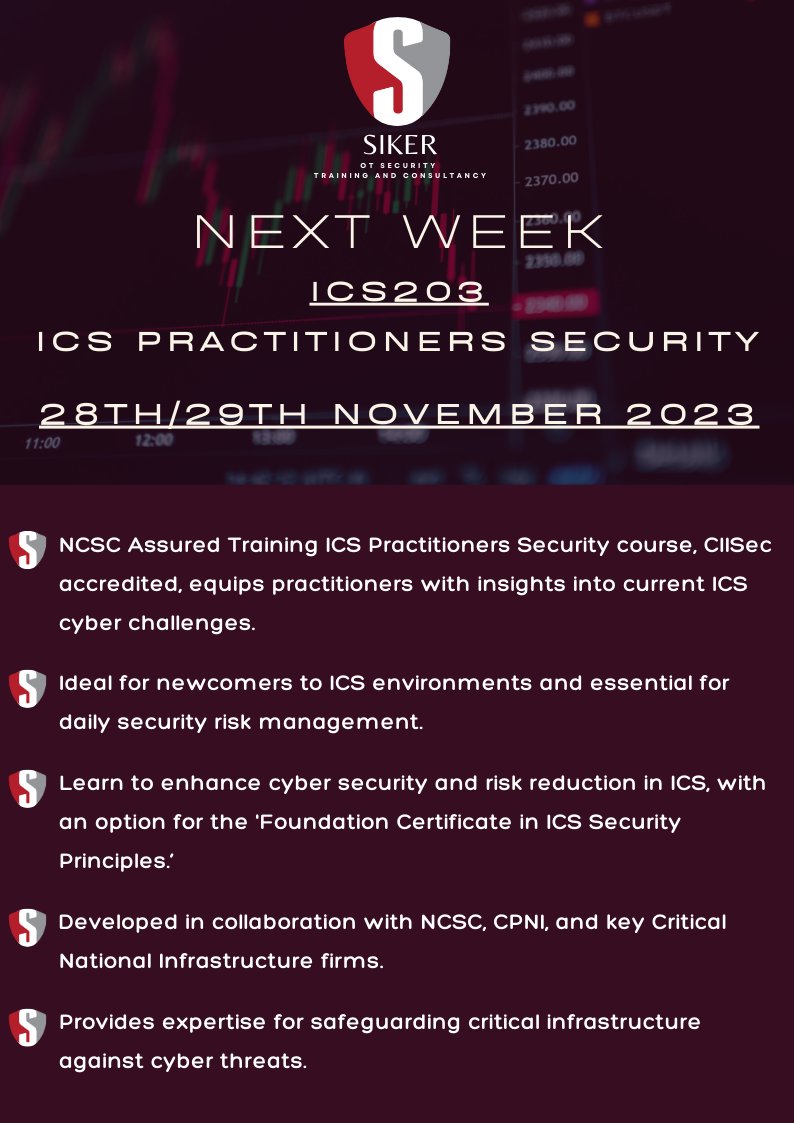 🔥Next week🔥
We have our 2 day Level 2 ICS203 #ICS Practitioners Security course.
📅28th/29th November
💰£1,575 excluding VAT
Join us
lnkd.in/ejPJtjtw

#trainingcourse #cybertraining #operationaltechnology #cybersecuritycareer #cybersecurityanalyst #CyberSecurityAwareness