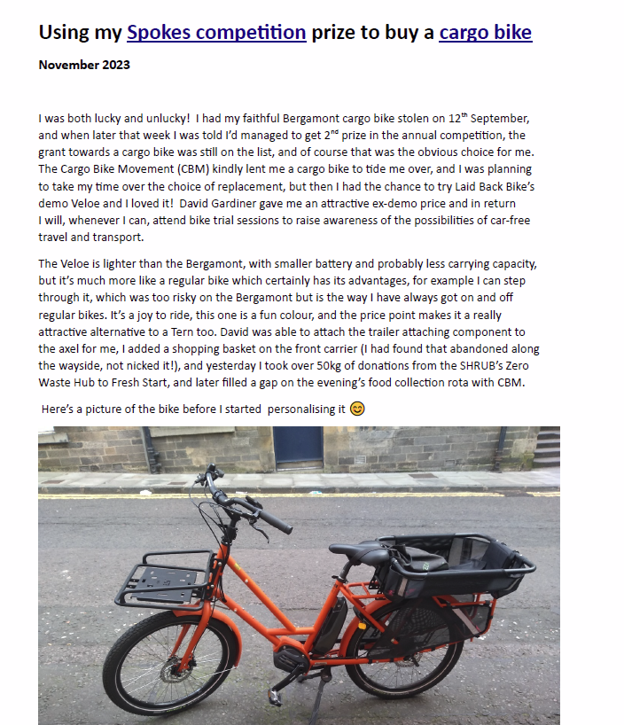 SpokesLothian's tweet photo. @Edinburgh_CC @CllrScottArthur @CouncillorCowdy @SanneDD @FinlayMcF @CllrChasBooth @SW20Ed @edfoc @CyclingEdin @JimDensham @EdinReporter @SpokesPorty @HelenRambler @rupe_nash @InfraSisters @EdCriticalMass @thecockburn Congrats @RosannaRabaeijs who won £1000 towards a #cargobike in our #SpokesComp
->https://t.co/994n6fEeJk

She bought a #Veloe from @LaidBackBikes
👍and, with added trailer, is putting it to great use at @SHRUBCOOP @FreshStartWeb &amp; @cargobikemovmnt 

More->https://t.co/oVkHHxu1Tm https://t.co/T45CCsXk6P