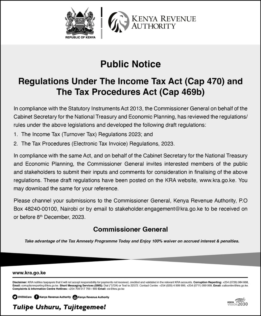 Fellow Kenyans, we have until Dec 28th to submit comments on two draft Regulations: 1. Income Tax (Turnover Tax) Regulations 2023 2. Tax Procedures (Electronic Tax Invoice) Regulations 2023. The two are very critical. Here are some highlights I think you need to have in mind