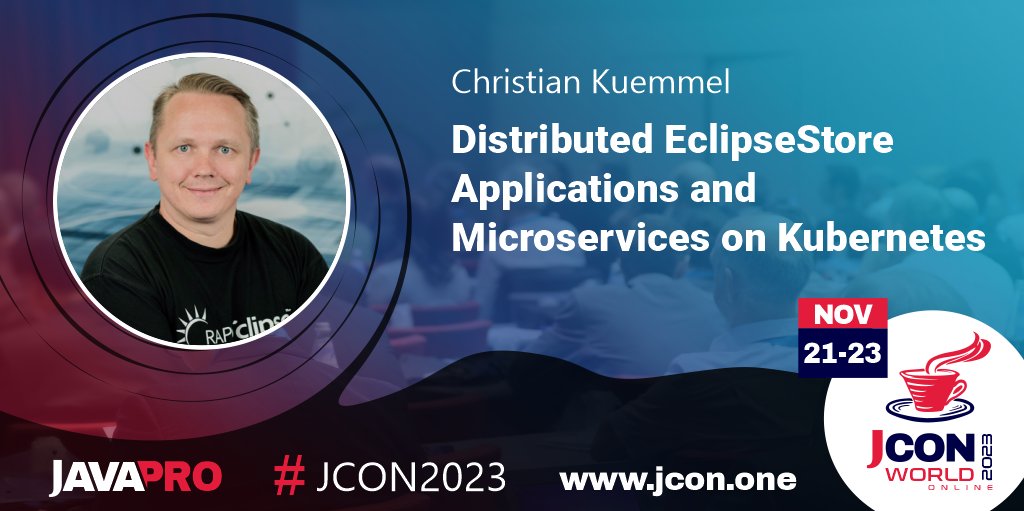 Last Chance - Today 13:00 CET! Join the #JCON2023 session with Christian Kümmel: Distributed #EclipseStore Applications &amp; #Microservices on #Kubernetes sched.co/1VJaS

Don't miss our other talks &amp; our workshop!
Free tickets: bit.ly/JCON23-free

#MicroStream #JAVAPRO