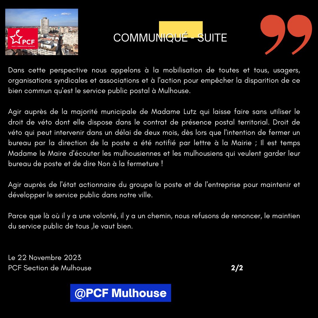 PCFMulhouse's tweet photo. 👀Fermeture du Bureau de #Poste Henner #Mulhouse  
                      📢Pour nous : c'est NON !  
           Casse des Services Publics : ça suffit !

🔴Communiqué de la section @PCFMulhouse https://t.co/JHacAQLJwF