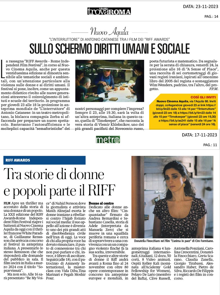 Giovedì 23 novembre alle 16.00 prende il via la giornata di festival con i corti delle scuole di Cinema. Alle 21.30 chiude la sezione dei lungometraggi “L’Anima in Pace” di Ciro Formisano. #riffawards2023 @cultureroma #CultureRoma #cultureinmovimento2023 @MiC_Italia #Cinema