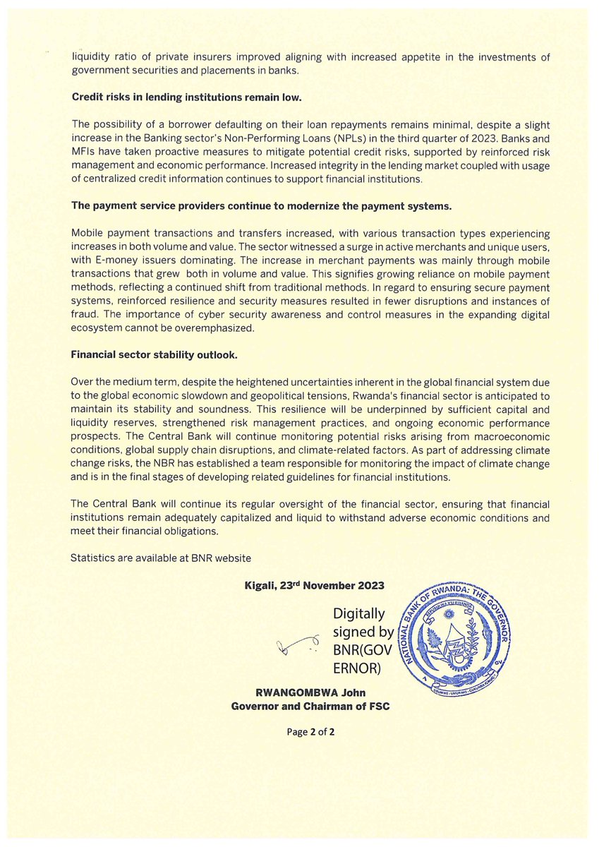 CentralBankRw's tweet image. PRESS RELEASE 

The Financial Stability Committee (FSC) has affirmed that in the medium term, #Rwanda&apos;s financial sector is expected to stay stable and resilient despite global and domestic uncertainties. 

Read here: bit.ly/MPCFSCNov2023 

#MPC2023 
#FSC2023 
#BNREngage