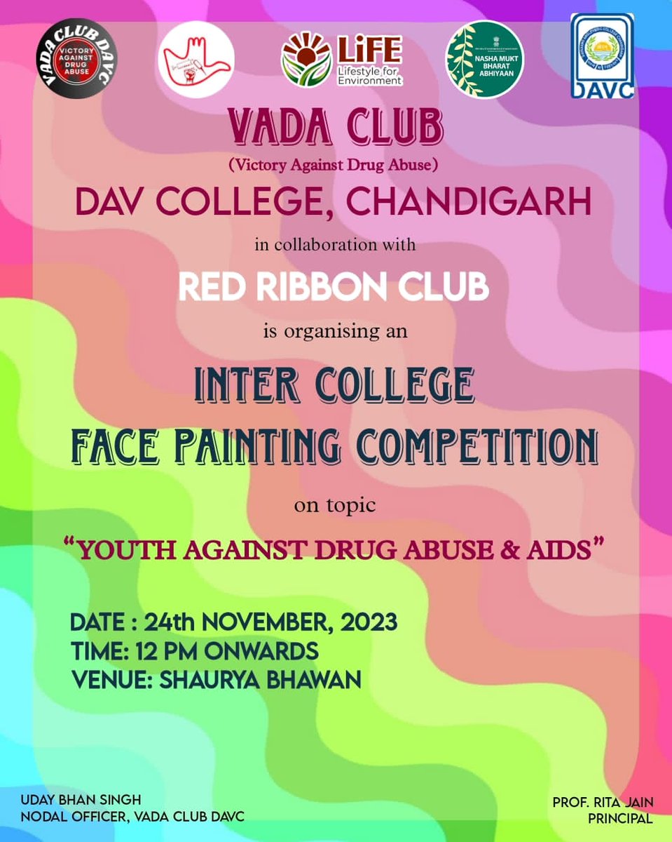 #VADA Club (Victory Against Drug Abuse) DAVC in collaboration with RRC (#RedRibbon Club) DAVC is organising an Inter College Face Painting Competition on the 
Topic "YOUTH AGAINST DRUG ABUSE AND AIDS" on 24.11.23
(Shaurya Bhawan)
<a href="/nmbcchd/">Nasha Mukt Bharat Campaign - Chandigarh</a> <a href="/NMBA_MSJE/">Nasha Mukt Bharat Abhiyaan</a> <a href="/SACSChandigarh/">Chandigarh State AIDS Control Society</a> <a href="/PIBChandigarh/">PIB in Chandigarh</a>