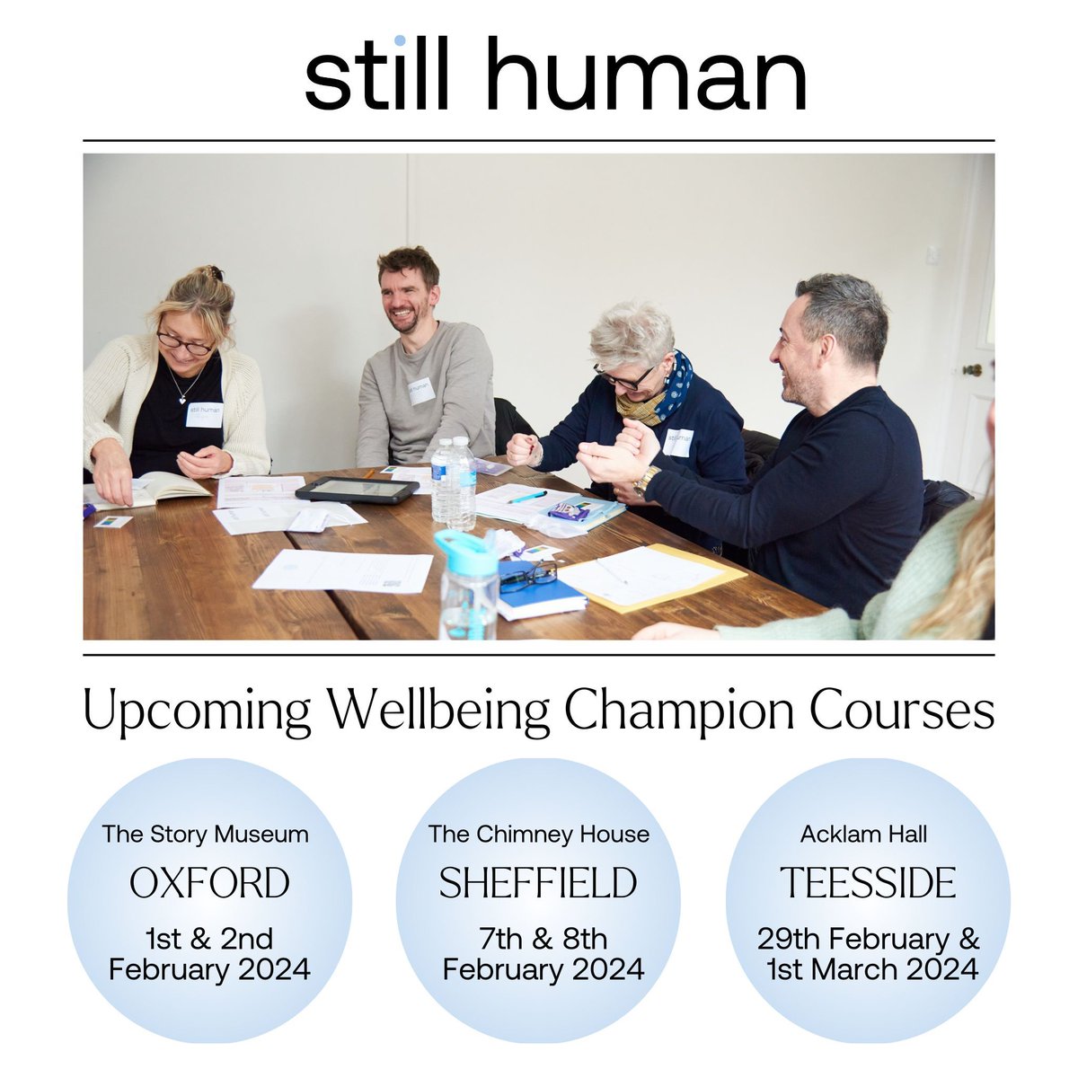 Do you want to embed #staffwellbeing into the culture of your #school or #college? Our #CPD accredited Wellbeing Champion course gives you the tools and knowledge to do just that! Booking is now open for Oxford, Sheffield and Teesside. Secure a place today: info@stillhuman.co.uk