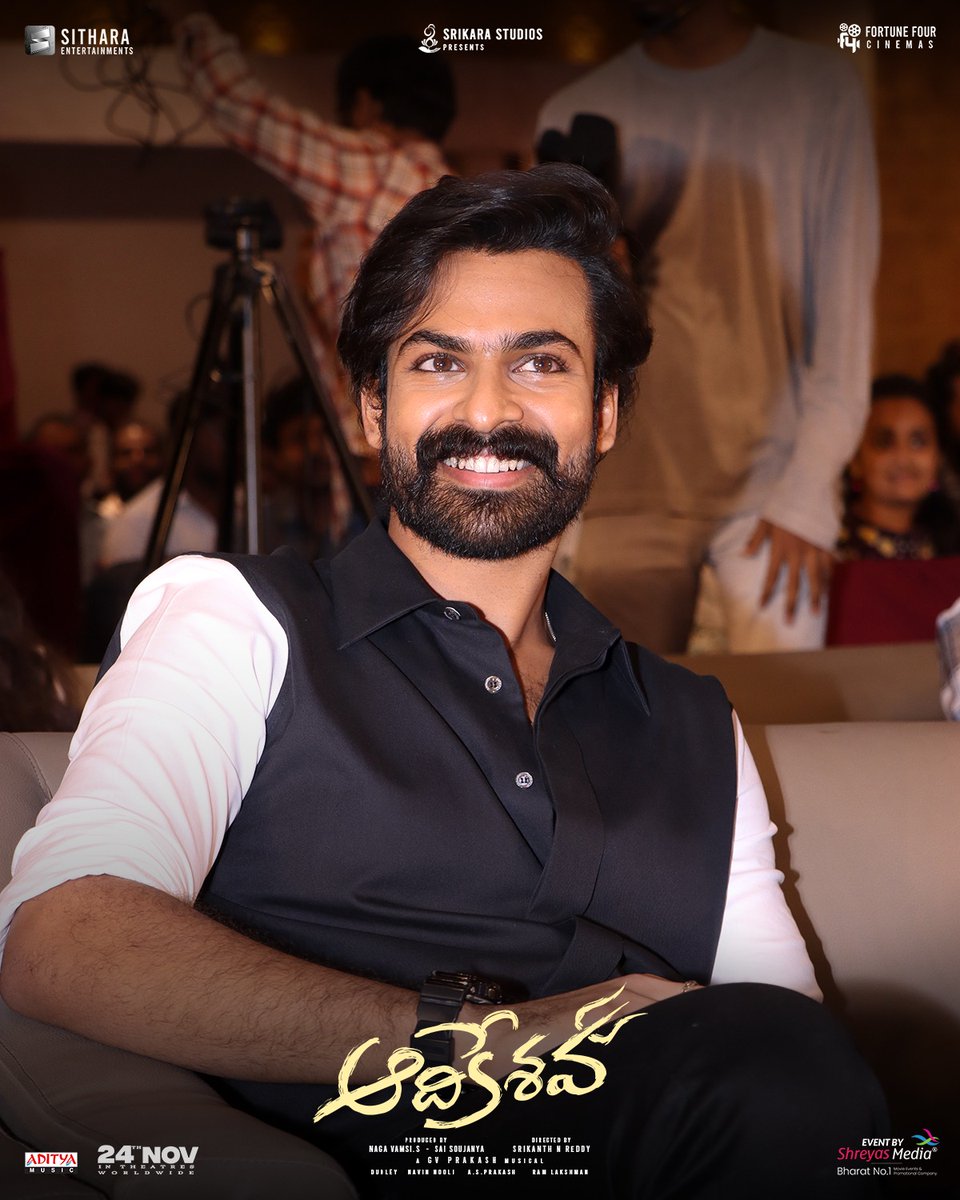 The stylish #PanjaVaisshnavTej looked absolutely dashing as he exuded fun-packed energy at the #Aadikeshava Grand Release Press Meet😎💥 #AadikeshavaOnNov24th 💥 @sreeleela14 @gvprakash #JojuGeorge @aparnaDasss #SrikanthNReddy