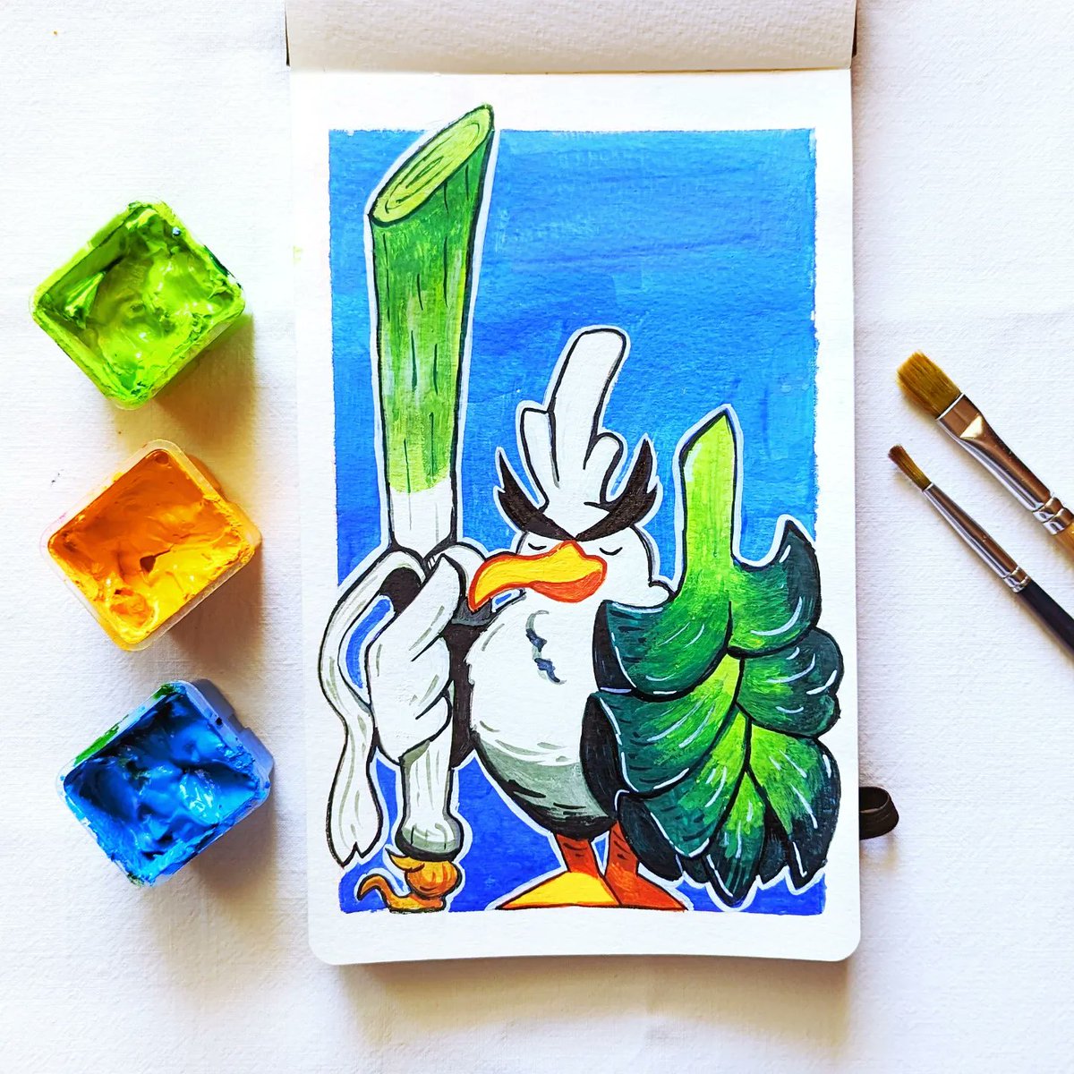 JohnnySmr's tweet image. Sirfetch&apos;d, the Wild Duck Pokémon (in gouache)

#pokemon #pokeart #pomemonart #sirfetchd #fanart
