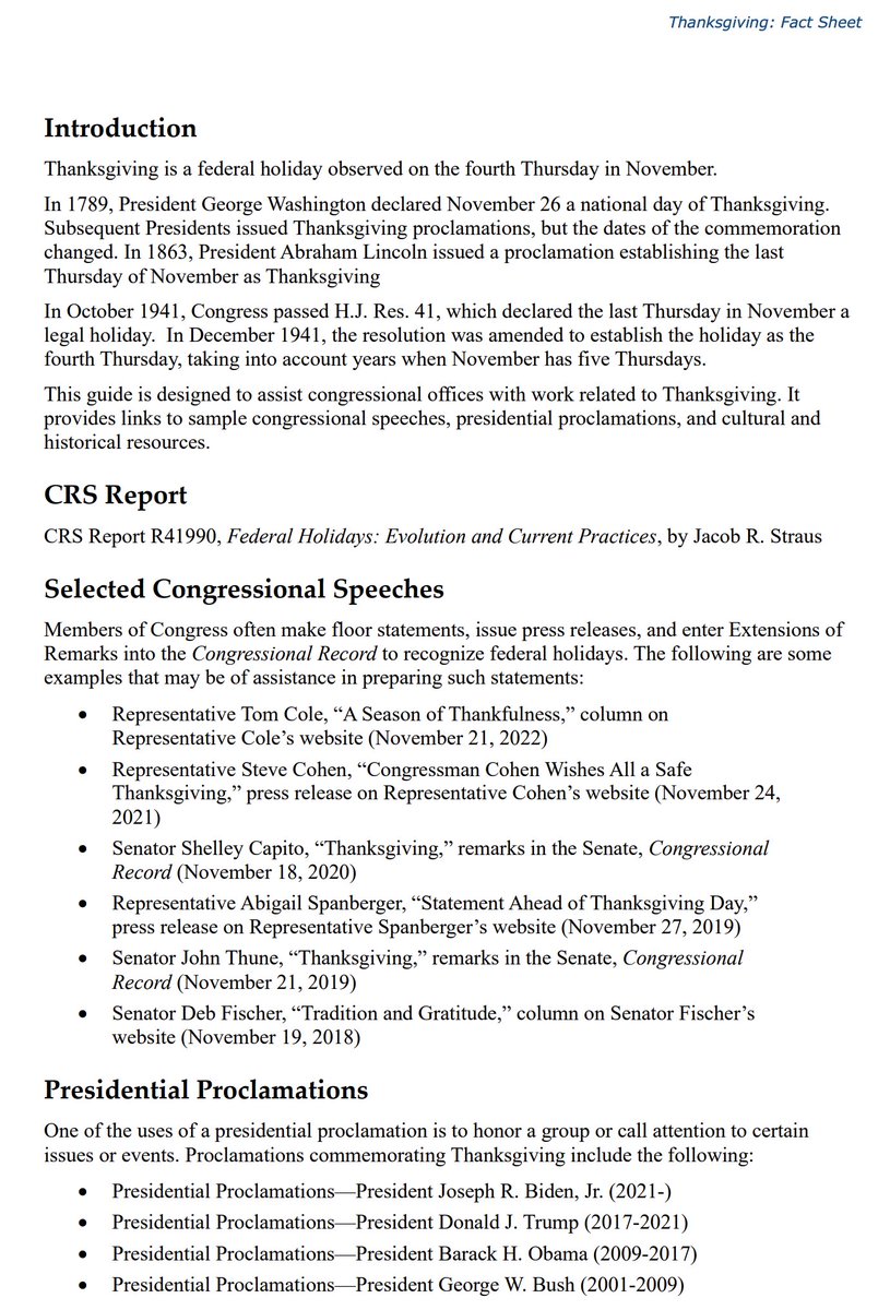 For non-US citizens who want to prepare for Thanksgiving, look no further. The Congressional Research Service delivers all required background info (e.g., Congress declared Thanksgiving a legal holiday in 1941) crsreports.congress.gov/product/pdf/R/…