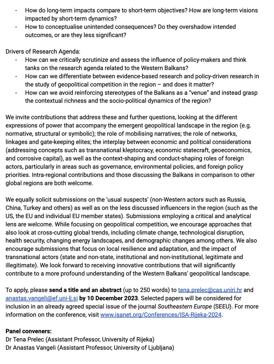 Call for Papers 📢

Beyond ‘External Influence’: Rethinking Geopolitical Competition in the Western Balkans

Anastas Vangeli (Ljubljana) and I are soliciting innovative contributions for our panel at <a href="/ceeisa_net/">CEEISA</a>-<a href="/isanet/">ISA</a> joint conference in Rijeka <a href="/cas_see_uniri/">Center for Advanced Studies - South East Europe</a>.

Apply by 10 Dec!
