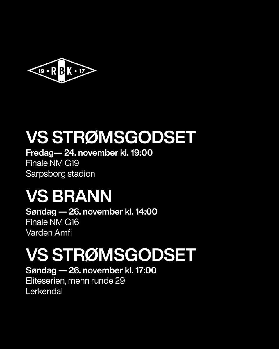 Stor Rosenborg-helg i vente som både starter og avsluttes med Rosenborg mot Strømsgodset🖤🤍

Cupfinale for gutte- og juniorlaget, mens helgen avsluttes med årets siste kamp på Lerkendal.

I tillegg spiller kvinnelaget cupfinale på lørdag🔥

🎟️rbk.no/billett