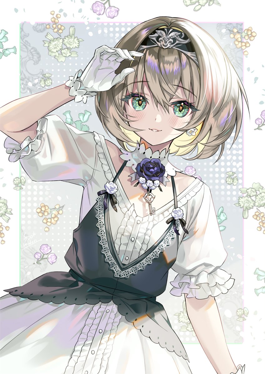 1girl solo gloves dress green eyes white gloves looking at viewer  illustration images