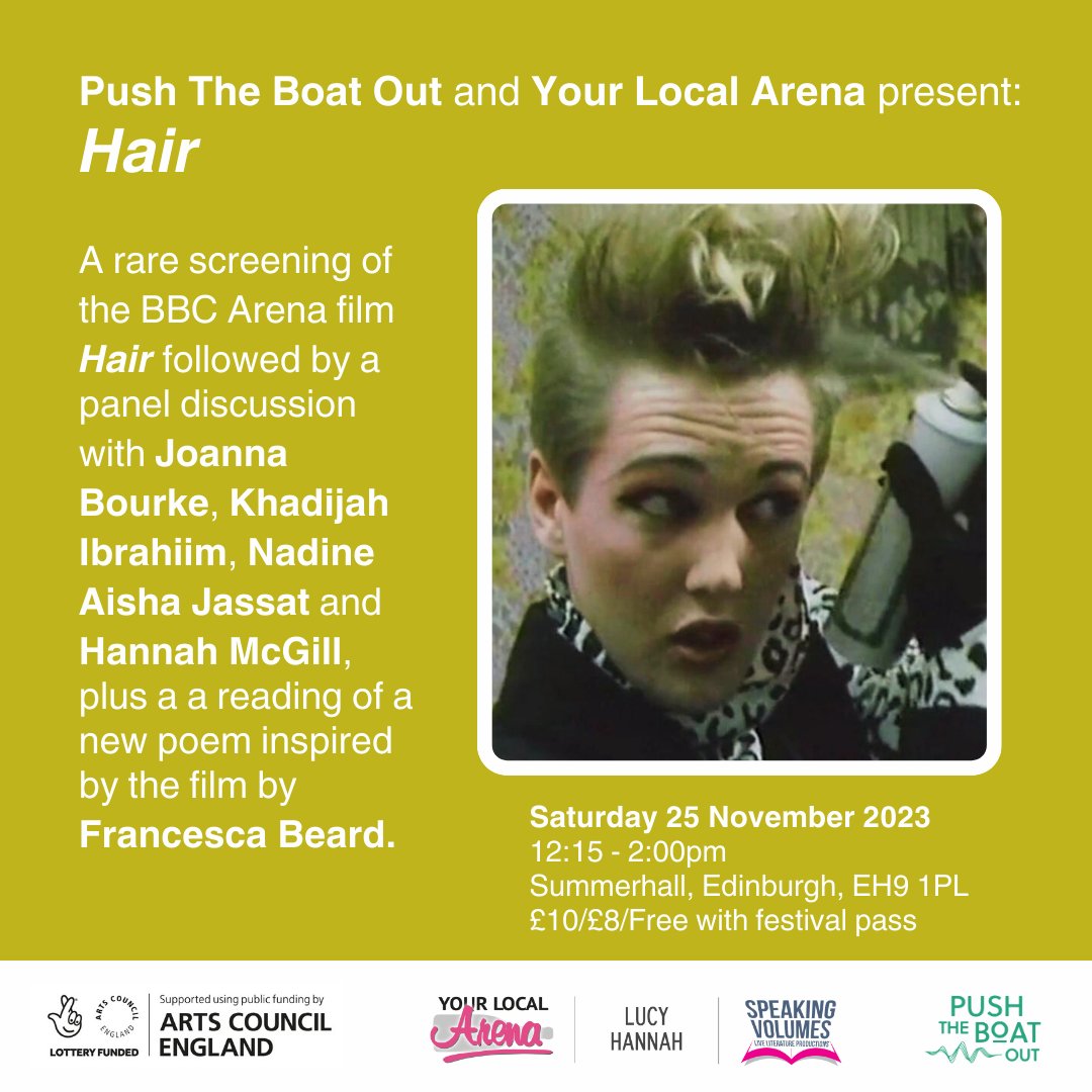 @speaking-volumes.bsky.social (@speak_volumes) on Twitter photo THIS SATURDAY! #YourLocalArena & <a href="/PTBOpoetry/">Push The Boat Out</a> present a rare screening & panel talk of the pioneering BBC Arena film Hair from the #BBCArenaFilmArchive!
So book NOW at: bit.ly/ylahair
<a href="/LucyHannah19/">Lucy Hannah</a> @nadineaishaj
<a href="/FrancescaBeard/">Francesca Beard</a> #PTBO23 #ACEsupported #EDINBURGH #poetry THIS SATURDAY! #YourLocalArena & <a href="/PTBOpoetry/">Push The Boat Out</a> present a rare screening & panel talk of the pioneering BBC Arena film Hair from the #BBCArenaFilmArchive!
So book NOW at: bit.ly/ylahair
<a href="/LucyHannah19/">Lucy Hannah</a> @nadineaishaj
<a href="/FrancescaBeard/">Francesca Beard</a> #PTBO23 #ACEsupported #EDINBURGH #poetry