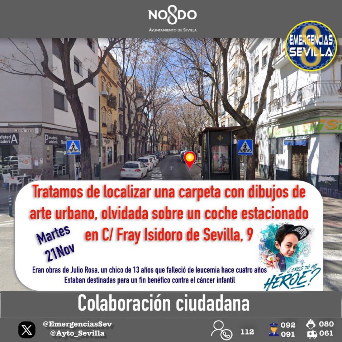 MasdeunoSevilla's tweet photo. HOY EN MÁS DE UNO SEVILLA… Nos sumamos a la búsqueda de una carpeta  con dibujos de arte urbano de #JuliOne, extraviada en la noche del martes en C/ Fray Isidoro de Sevilla, 9 #Sevilla
hablamos con su madre @pilicorleone. Vocación de servicio público. https://t.co/5RzLYzJn2R