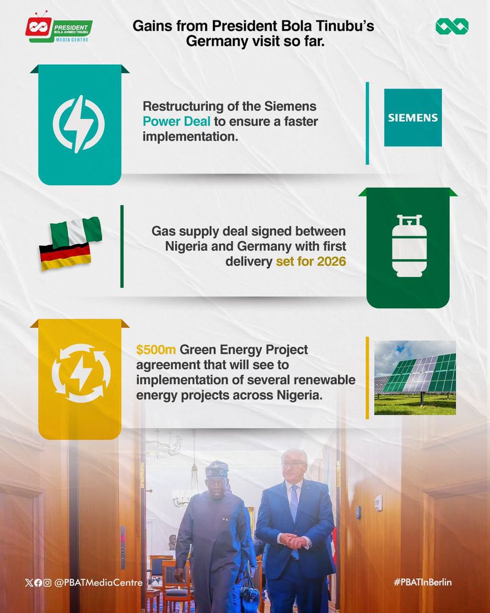 Here are the major deals signed during the short but productive trip of President Bola Ahmed Tinubu to Germany. 

#PBATInBerlin