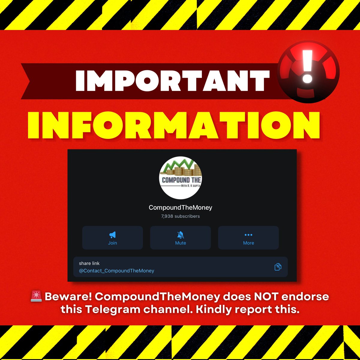 t.me/Contact_Compou…
🚨Attention🚨
Beware of the Fake Account on Telegram Channel which is using Our Name and Logo. 
Don't be fooled by imitations, Make Everyone Aware by Spamming the Channel and Reporting the Fraud Account.