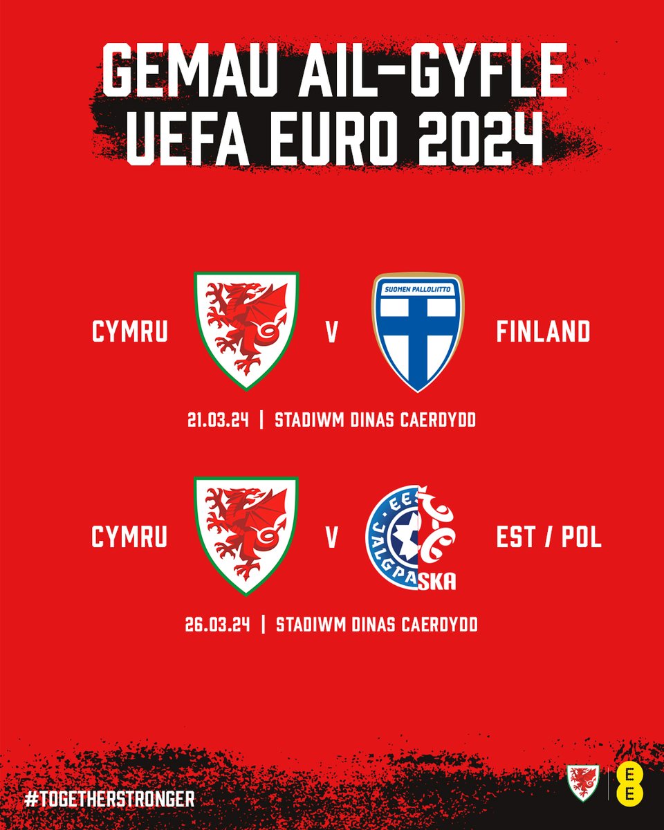 GEMAU AIL-GYFLE 🇫🇮/🇪🇪🇵🇱 Two home matches away from reaching the #EURO2024 finals. #TogetherStronger