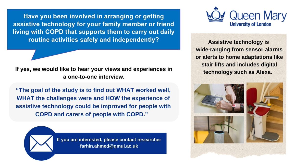 Dr Farhin Ahmed (@dr_fahmed) on Twitter photo Please share 🔄
We are inviting #carers of people with chronic obstructive pulmonary disease (COPD) from White, Black, Indian, Pakistani, Bangladeshi ethnic groups to take part in our #study exploring #COPD and the use of assistive #technology.
Study lead: <a href="/Ratna_Sohanpal/">Ratna Sohanpal</a> Please share 🔄
We are inviting #carers of people with chronic obstructive pulmonary disease (COPD) from White, Black, Indian, Pakistani, Bangladeshi ethnic groups to take part in our #study exploring #COPD and the use of assistive #technology.
Study lead: <a href="/Ratna_Sohanpal/">Ratna Sohanpal</a>
