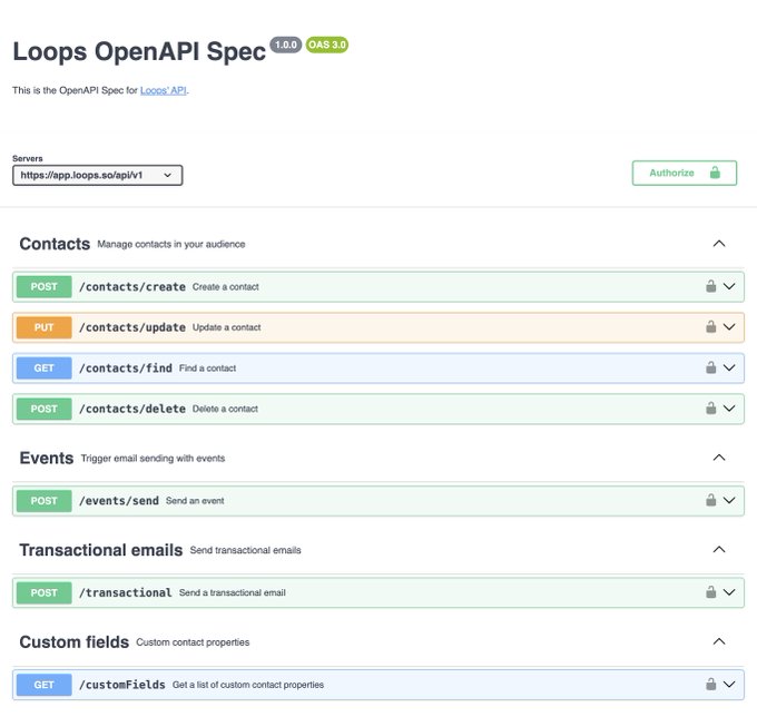 Hand-wrote an OpenAPI spec for Loops this week. Launching soon! https://t.co/y1CyMeaF1R