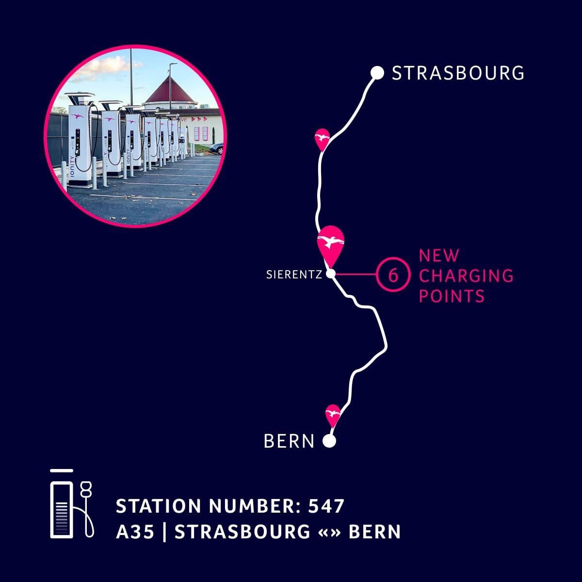 Enjoy the blend of French and Swiss influences on a delightful road trip from Strasbourg to Bern. As you traverse the route, you'll first encounter the beauty of the Alsace region with its vineyards, quaint villages, and timber-framed houses. Consider a stop at our new charging